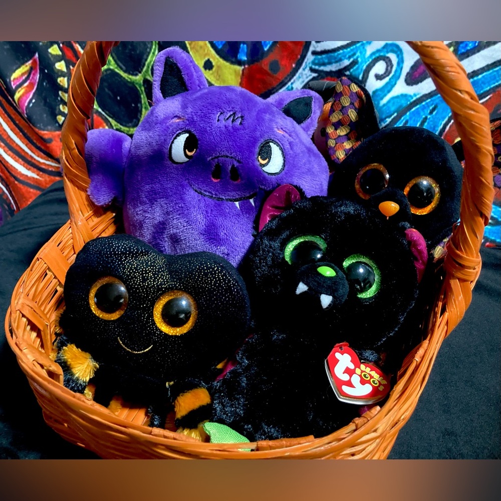 Halloween Plush Bat Spider Assortment in Vintage Orange Witch Basket